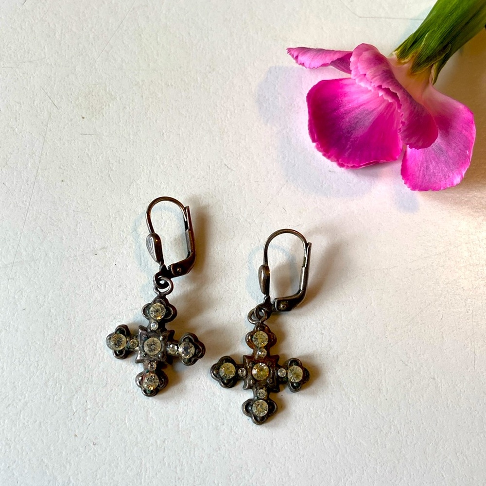 Vintage Rhinestone Cross Earrings with Antique Metal Finish